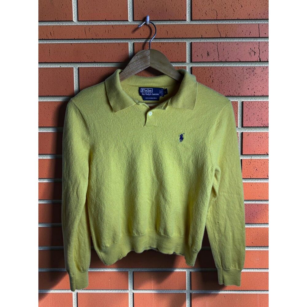 Polo Ralph Lauren 100% Merino Wool Long Sleeve Polo Sweater Women's Large Yellow